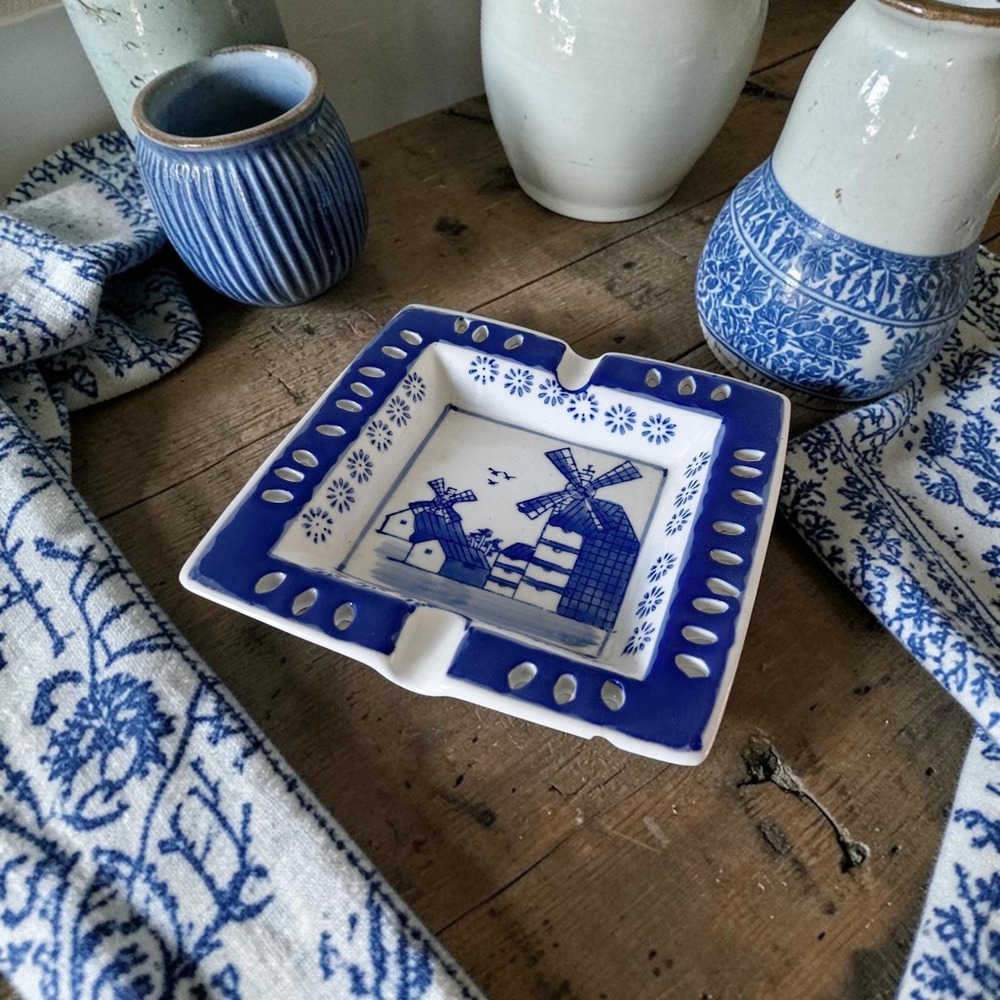 Vintage Delft Blue and White Ceramic Ashtray with Windmill - Porcelain Decor